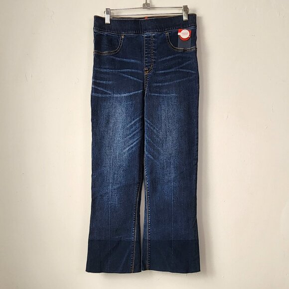 NWT Spanx Cropped Flair Denim Raw Hem High Rise Stretch Dark Wash Jeans 20231R - Picture 1 of 14